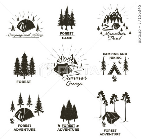 Set of vintage camping and outdoor adventure emblems, logos and badges. Camp tent in forest or 57156345