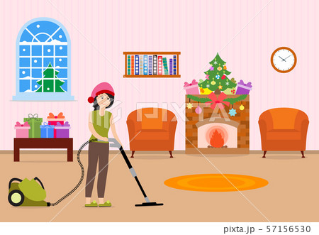 Girl cleans, decorates room for Christmas New Year 57156530
