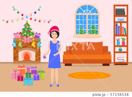 Living room decorated for Christmas, New Year Living room decorated for Christmas, New Year 57156538