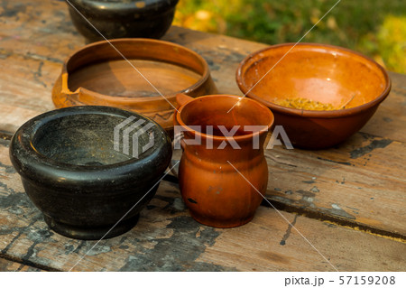 set brown pottery deep plate jug mug mortar set 57159208