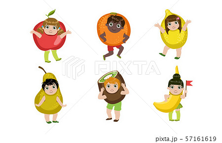 Cute Little Kids Dressed As Fruits Set, Apple, Orange, Lemon, Pear, Kiwi, Banana Vector Illustration 57161619
