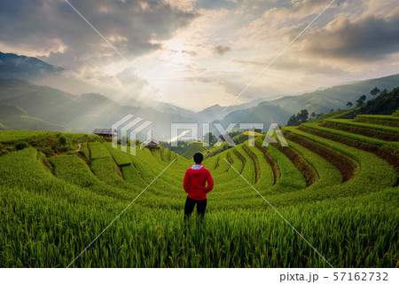 An Asian man watching at paddy rice terraces, An Asian man watching at paddy rice terraces, 57162732