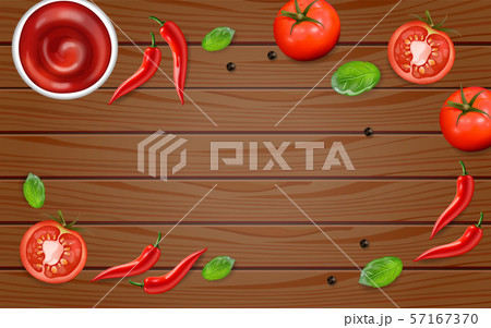 Chili and tomato on wood table Vector realistic. 57167370