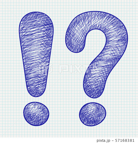Question and Exlamation marks. Blue hand drawn sketchin grunge style. On lined paper background Question and Exlamation marks. Blue hand drawn sketchin grunge style. On lined paper background 57168381