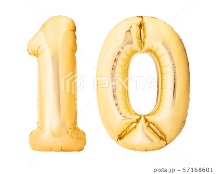 Number 10 ten made of golden inflatable balloons isolated on white background. Helium balloon ten 10 Number 10 ten made of golden inflatable balloons isolated on white background. Helium balloon ten 10 57168601