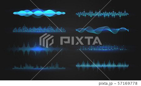 Blue equalizer waves on black background. Realistic set of sound and radio wave. Digital voice 57169778