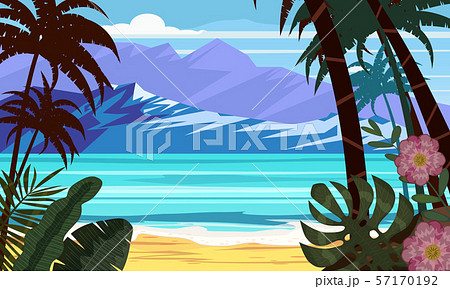 Seascape beach landscape ocean - Exotic plants leaves and palms. Sun and clouds. Trendy design Seascape beach landscape ocean - Exotic plants leaves and palms. Sun and clouds. Trendy design 57170192