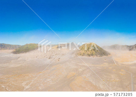 Panoramic Aerial shot of the Bromo volcano and Batok volcano at the Bromo Tengger Semeru National 57173205