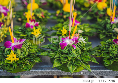 Loy Krathong festival, People buy flowers and candle to light and float on water to celebrate the Loy Krathong festival, People buy flowers and candle to light and float on water to celebrate the 57173596