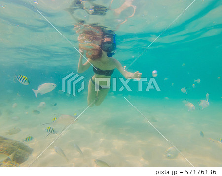 Happy woman in snorkeling mask dive underwater with tropical fishes in coral reef sea pool. Travel Happy woman in snorkeling mask dive underwater with tropical fishes in coral reef sea pool. Travel 57176136