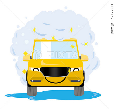 擬人化した洗車中の笑顔の車のイラスト｜泡に包まれた自動車｜RV車・クロスオーバー車　イエロー 57177251
