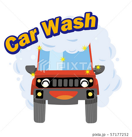 擬人化した洗車中の笑顔の車のイラスト｜泡に包まれた自動車｜軽自動車・RV車・クロスオーバー車　レッド 57177252