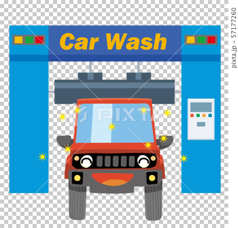 擬人化した洗車中の笑顔の車のイラスト｜洗車機と自動車｜軽自動車・RV車・クロスオーバー車・レッド 57177260