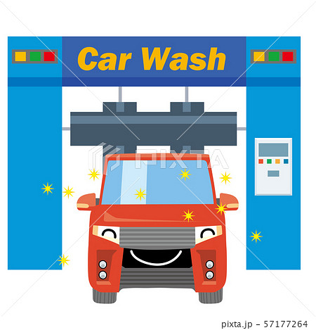 擬人化した洗車中の笑顔の車のイラスト 洗車機と自動車 ファミリーカー ミニバン 赤のイラスト素材