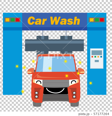 擬人化した洗車中の笑顔の車のイラスト 洗車機と自動車 ファミリーカー ミニバン 赤のイラスト素材