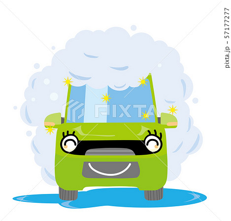 擬人化した洗車中の車のイラスト 泡に包まれた自動車 軽自動車 グリーンのイラスト素材
