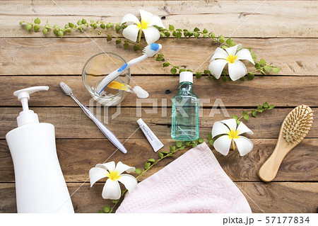 toothbrush ,toothpaste ,mouthwash health care for oral cavity with herbal soap ,terry cloth health care for body skin of lifestyle woman  57177834