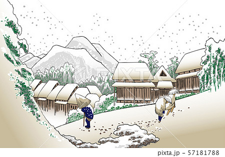 歌川広重イメージ東海道五十三次之内蒲原夜之雪明るいバージョン白バックのイラスト素材
