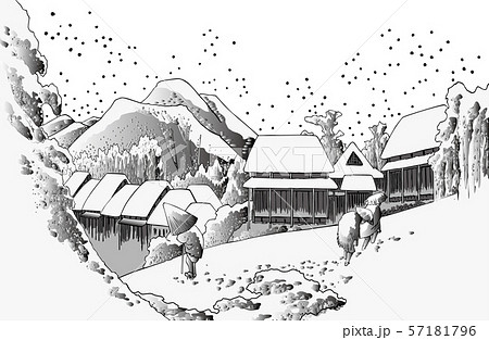 歌川広重イメージ東海道五十三次之内蒲原夜之雪白黒白バック 57181796