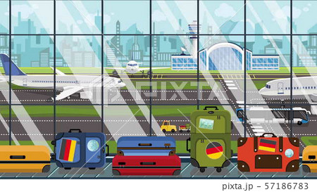 Luggage with Gegman flag stickers on baggage carousel in airport. Tourism in Germany conceptual 57186783