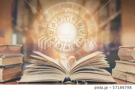 Love horoscope, zodiac sign astrology for foretell and fortune telling education study course concept with horoscopic wheel over old love story book in school library 57186798