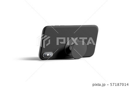 Blank black phone popsocket sticked on cellphone mockup, lying isolated 57187014