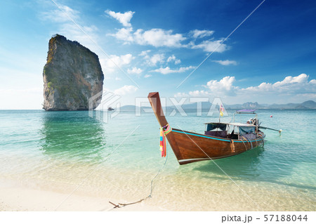 wooden longtail boat at Koh Poda island in Krabi wooden longtail boat at Koh Poda island in Krabi 57188044