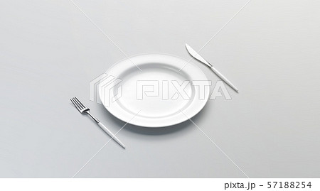 Blank white plate mockup with fork and knife, side view Blank white plate mockup with fork and knife, side view 57188254