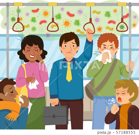 Worried man standing in a crowded subway train full of sick people and germs Worried man standing in a crowded subway train full of sick people and germs 57188555