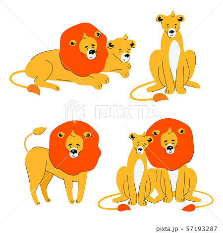 Cute Lion And Lioness Flat Design Style Set のイラスト素材