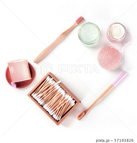 Plastic-free, zero waste cosmetics, flat lay, white background with a place for text. Bamboo 57193826