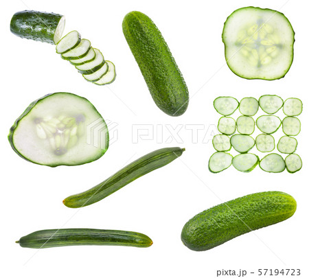 various sliced and whole raw cucumbers isolated various sliced and whole raw cucumbers isolated 57194723