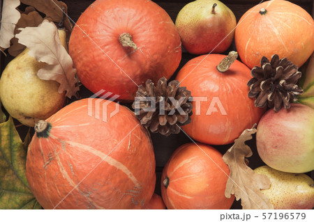 Autumn still life with leaves, pumpkins, apples. 57196579
