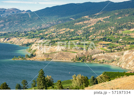 Magnificent view over Okanagan lake inlet with farms on the shore 57197334