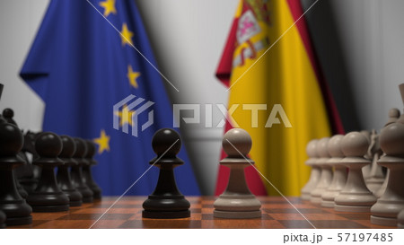 Flags Of The Eu And Spain Behind Chess Board のイラスト素材