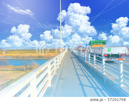 橋と入道雲 アニメ風景のイラスト素材