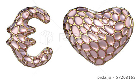 Symbol collection euro, heart made of 3d render pink diamond. 57203165