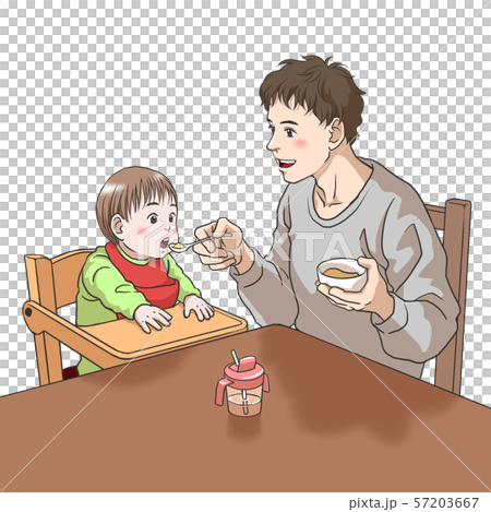 赤ちゃんに離乳食を食べさせる若い父親のイラスト素材