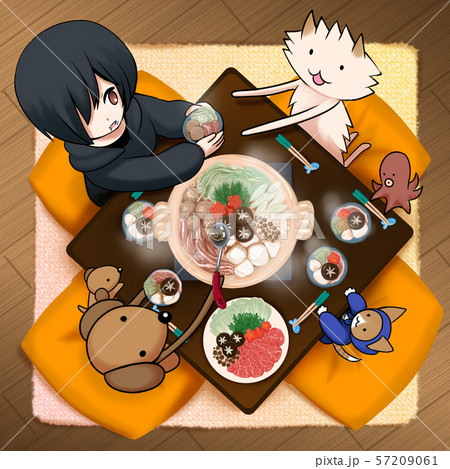 テーブルを囲んで鍋パーティー、お部屋で団らん 57209061