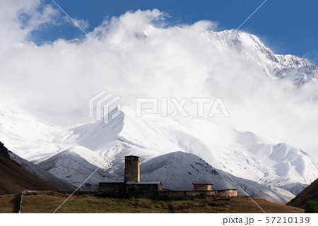 Church of Lamaria and the peak of Mount Shkhara in Church of Lamaria and the peak of Mount Shkhara in 57210139