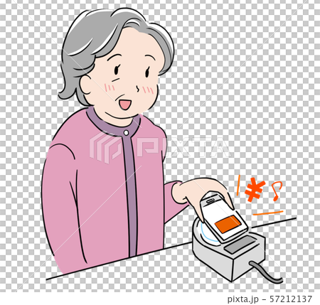 キャッシュレスID決済でスマホをかざすおばあさん キャッシュレスID決済でスマホをかざすおばあさん 57212137