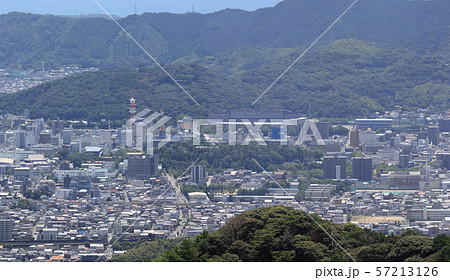 高知市街を北から俯瞰する Jr入明駅 高知城周辺 高知競輪場 筆山 の写真素材