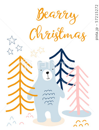 Christmas greeting card kids. Scandinavian style holiday greetings. Bear in forest hand drawn vector 57215272