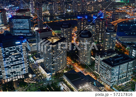 横浜 みなとみらいの高層ビル群の夜景の写真素材