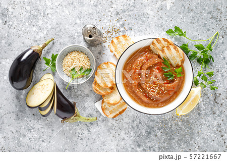 Eggplant hummus with ingredients for cooking Eggplant hummus with ingredients for cooking 57221667