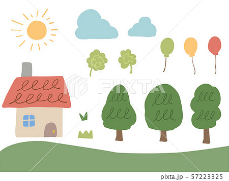 丘の上の小さなお家平原セットのイラスト素材