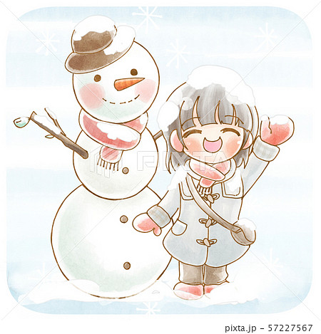 雪だるまと子供 雪遊び のイラスト素材