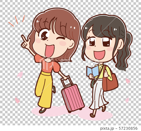 ２人旅をする女性のイラスト 春 のイラスト素材