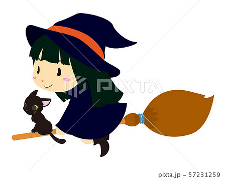 黒猫とほうきで移動する魔法使いの女の子のイラスト素材