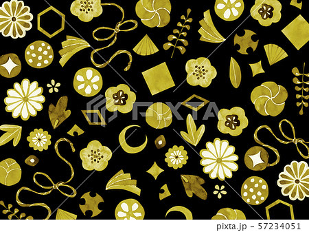 和柄 花柄 背景 テキスタイル 水彩 イラスト 金色 黒のイラスト素材